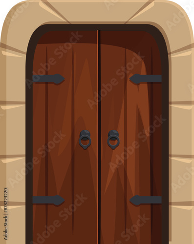 Old heavy closed double leaf door with metal handles and hinges, inviting to a medieval castle or dungeon