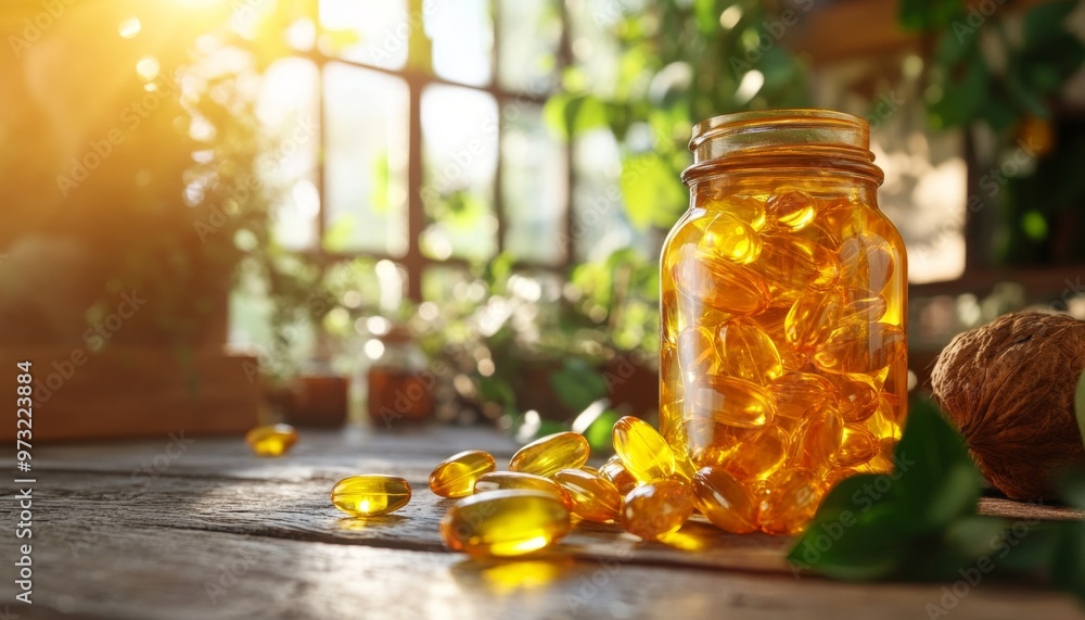 Omega-3 Fish Oil Capsules Spilled from a Bottle Omega-3 Fish Oil Capsules Spilled from a Bottle