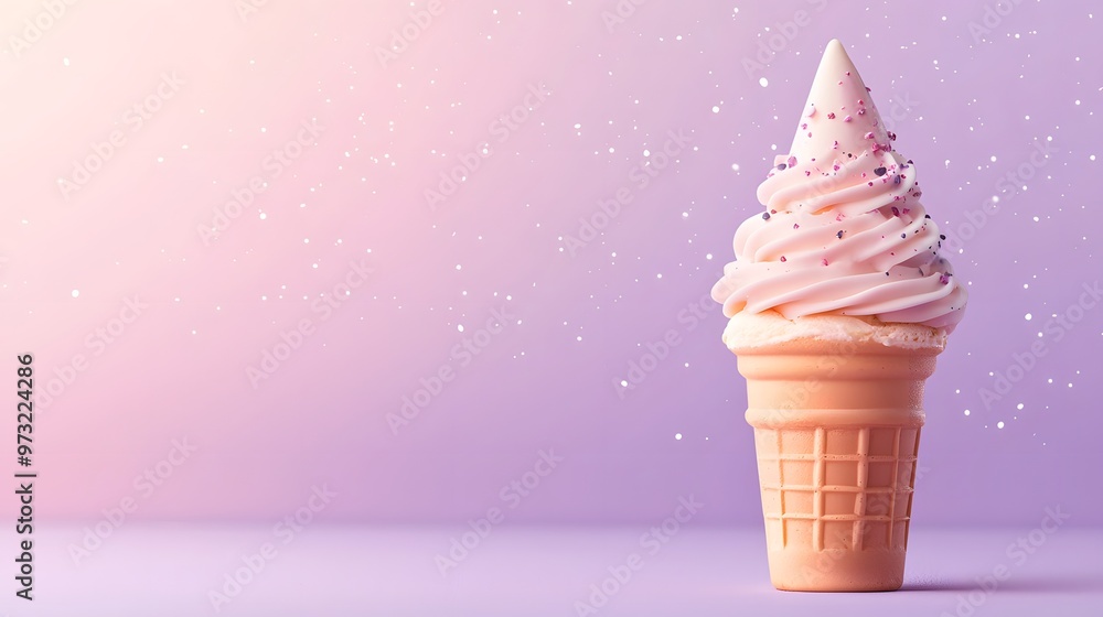 Delicious soft serve ice cream in a cone, beautifully presented with sprinkles against a pastel background. Delicious soft serve ice cream in a cone, beautifully presented with sprinkles against a pastel background.