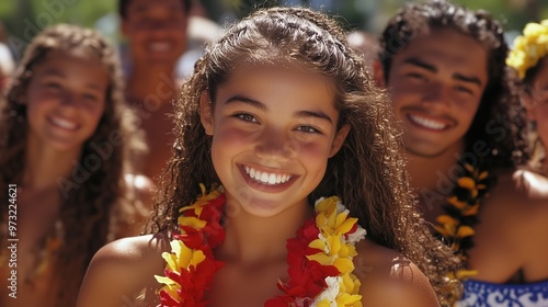 Joyful hawaiian group in traditional lei garlands celebrating in bright sunlight photo