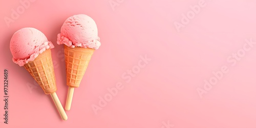 Delicious pink ice cream scoops in waffle cones against a pastel pink background, perfect for summer themes or dessert promotions.