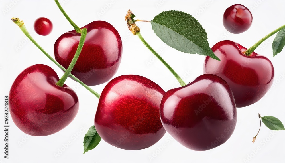 Vibrant Cluster of Glossy Red Cherries with Long Green Stems Against a Clean White Background, Showcasing Their Freshness and Rich Color Under Soft, Natural Lighting Vibrant Cluster of Glossy Red Cherries with Long Green Stems Against a Clean White Background, Showcasing Their Freshness and Rich Color Under Soft, Natural Lighting
