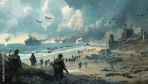 Soldiers Advancing on Beach with Naval Support in Battle Scene photo