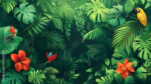 A banner featuring the lush greens and exotic floral of the amazon rainforest. a brazil-themed banner design. Amazon Rainforest. Illustration