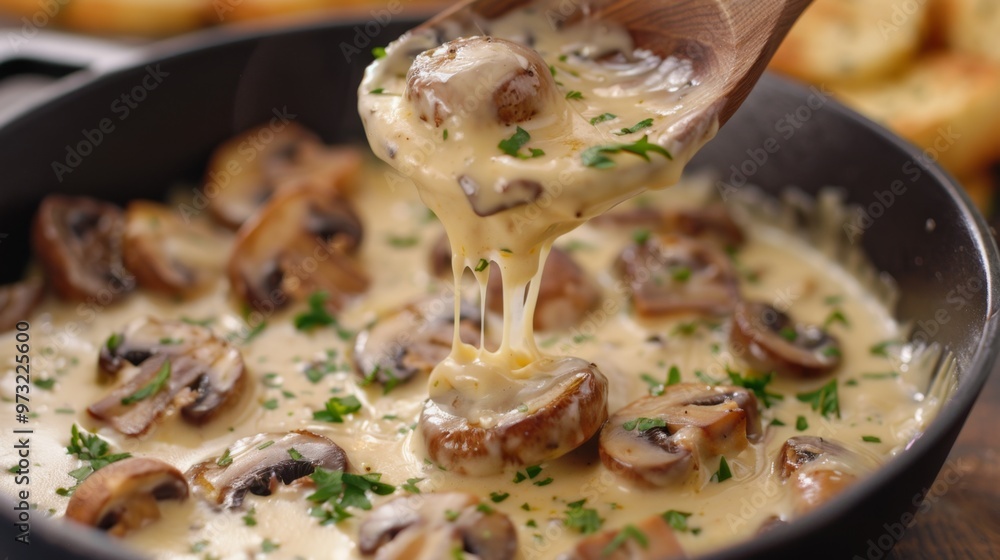 Creamy Mushroom Sauce in Skillet with Melted Cheese Creamy Mushroom Sauce in Skillet with Melted Cheese