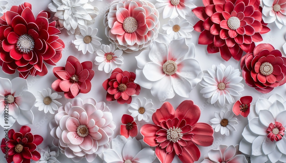 Vibrant Paper Flower Artwork Display in Red and White Hues Vibrant Paper Flower Artwork Display in Red and White Hues