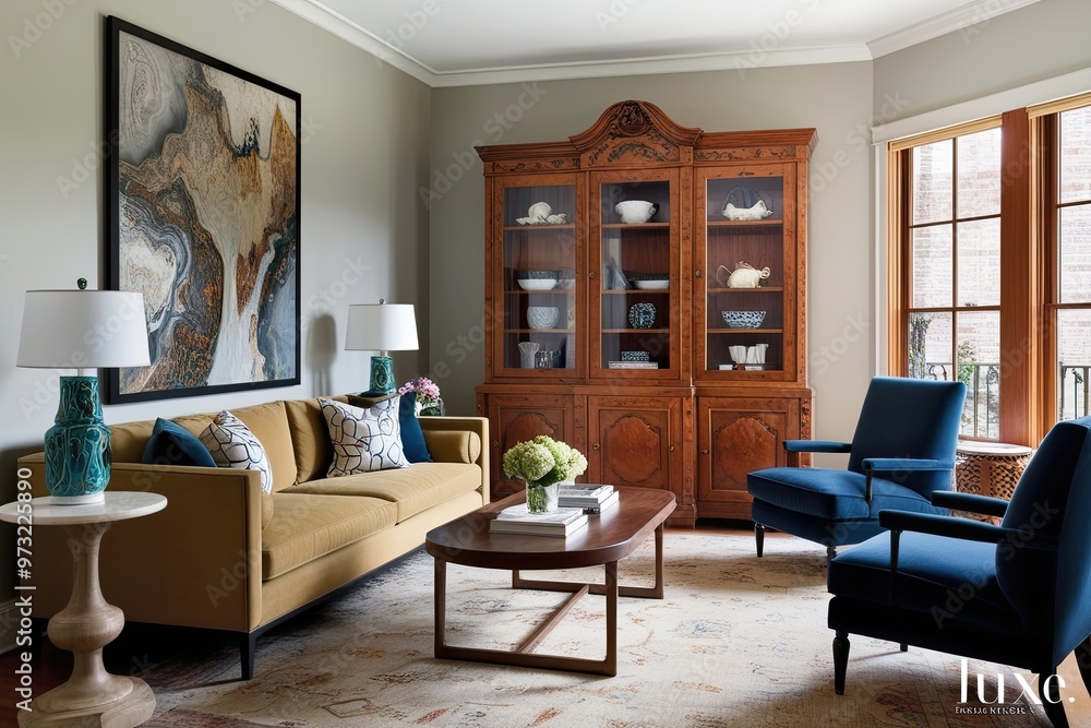 Fototapeta premium Chic Wooden Cabinet and Curated Accessories Enhance Stylish Living Room Space