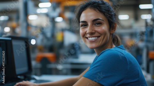 Happy female worker at computer in modern industrial workspace for spring marketing and productivity concepts