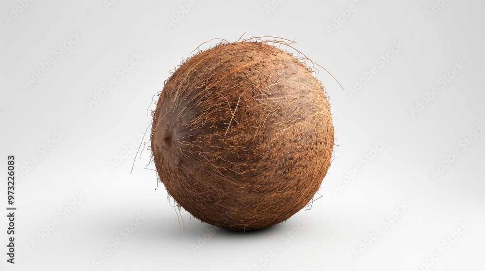 A single coconut resting on a pure white surface, ideal for use in minimalist decor and design projects A single coconut resting on a pure white surface, ideal for use in minimalist decor and design projects
