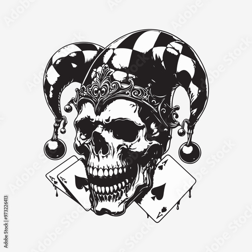 Jester Skull with Cards vector art illustration.