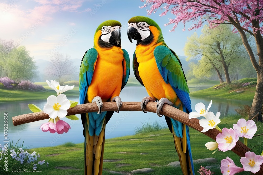 Two Colorful Parrots Perched on a Flowering Branch in a Tranquil Spring Landscape Two Colorful Parrots Perched on a Flowering Branch in a Tranquil Spring Landscape