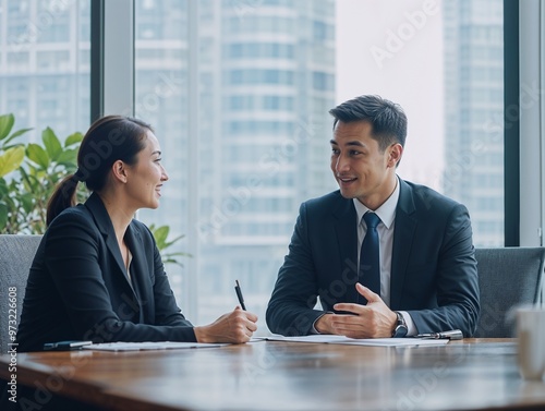 Chinese Professional Evaluator Discusses with Chinese Guest in Meeting Room