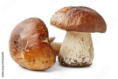 Two fungi sit together on a ground or surface, possibly in a natural environment