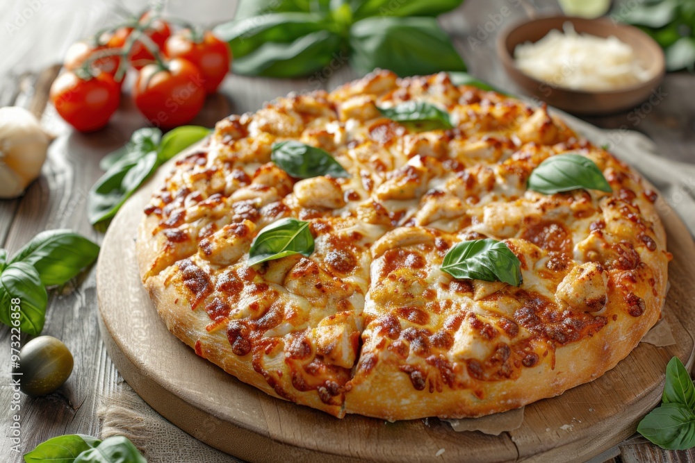 Gourmet Chicken Pizza with Fresh Basil and Tomatoes - Delicious Italian Pizza, Savory Meal, and Food Photography Gourmet Chicken Pizza with Fresh Basil and Tomatoes - Delicious Italian Pizza, Savory Meal, and Food Photography