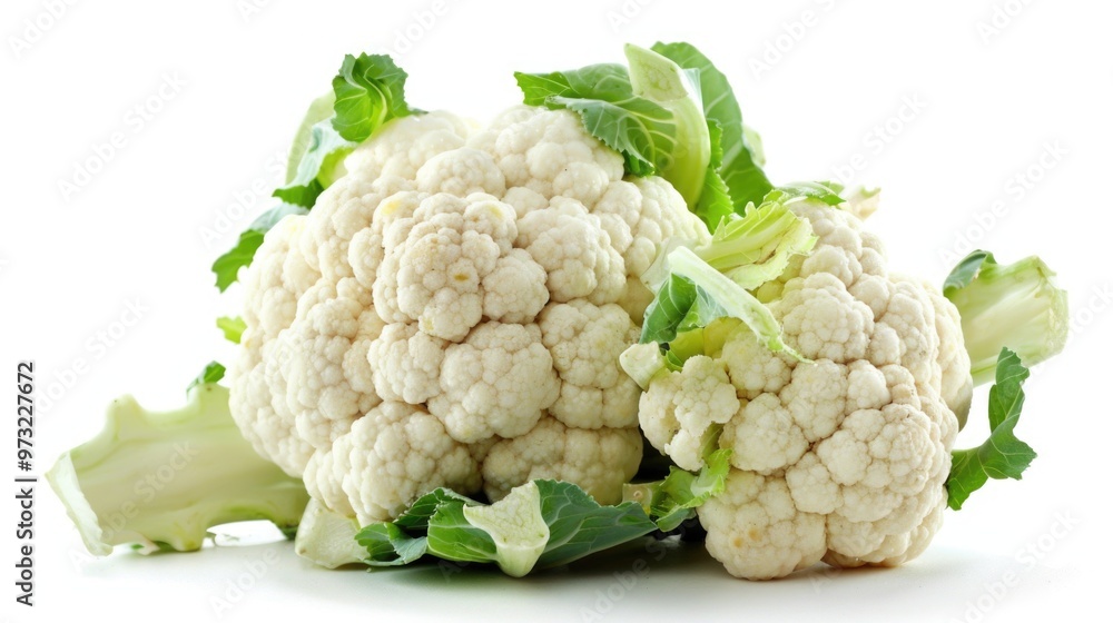 A group of cauliflower arranged on a white surface A group of cauliflower arranged on a white surface