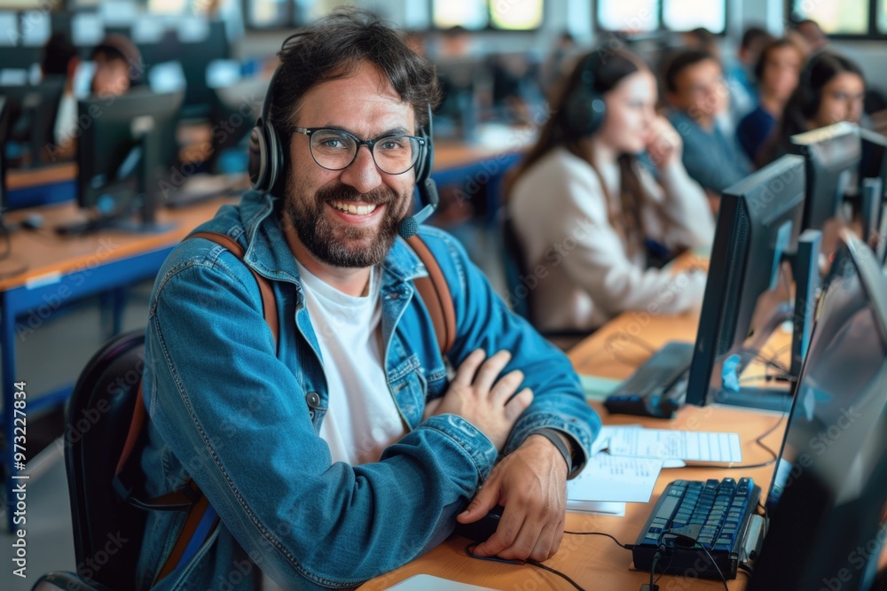 Fototapeta premium A person sitting in front of a computer, wearing headphones, focused on work or entertainment