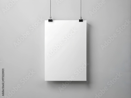 Blank white poster hanging up with clips mockup. AI Generative