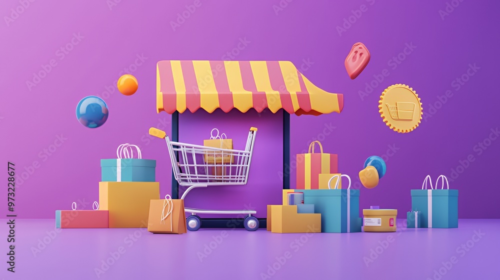 Smartphone with striped awning, shopping cart, and gift boxes. Smartphone with striped awning, shopping cart, and gift boxes.