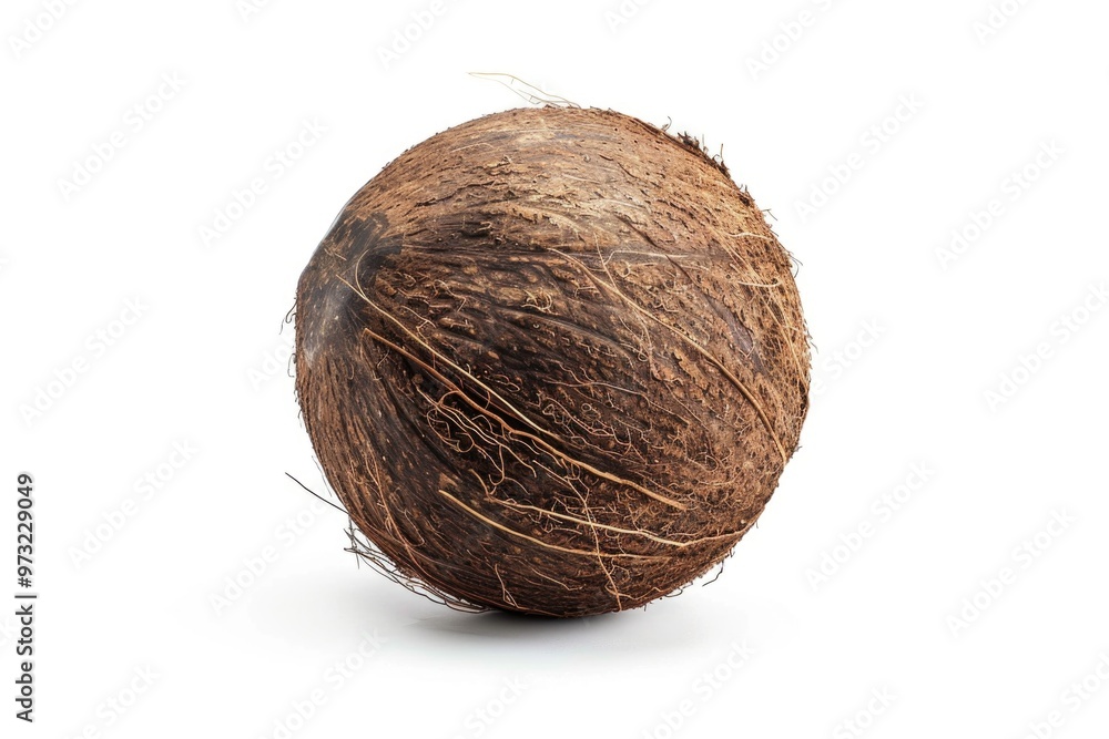 A detailed shot of a single coconut on a clean, white background A detailed shot of a single coconut on a clean, white background