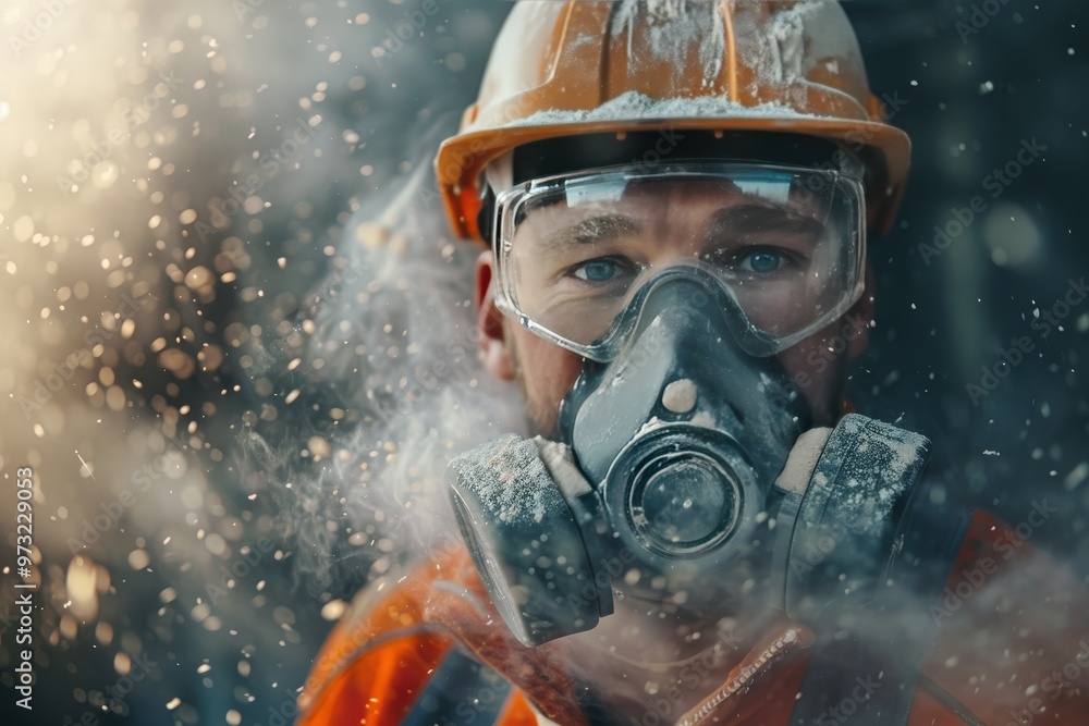 A man in a yellow helmet and goggles is wearing a gas mask, generative ai image A man in a yellow helmet and goggles is wearing a gas mask, generative ai image