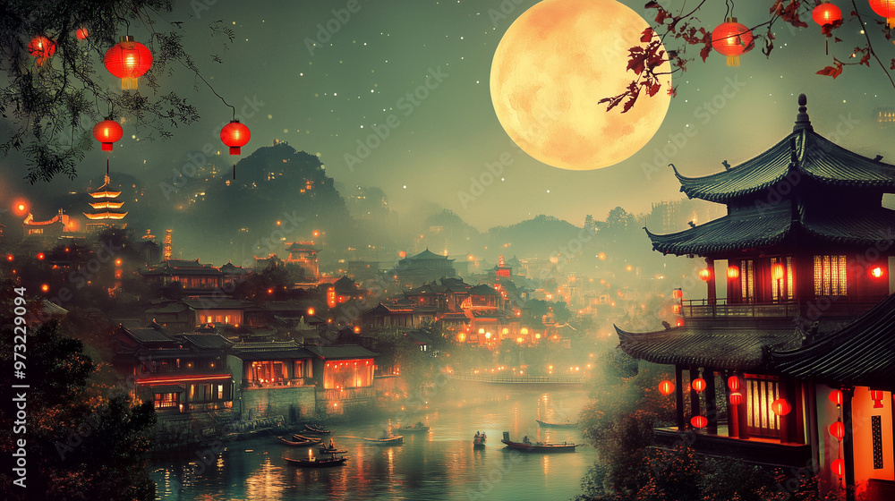 Fototapeta premium moon festival, mid-autumn festival, lantern and chinese ancient city