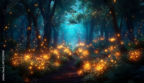 Magical fantasy fairy tale scenery, night in a forest 