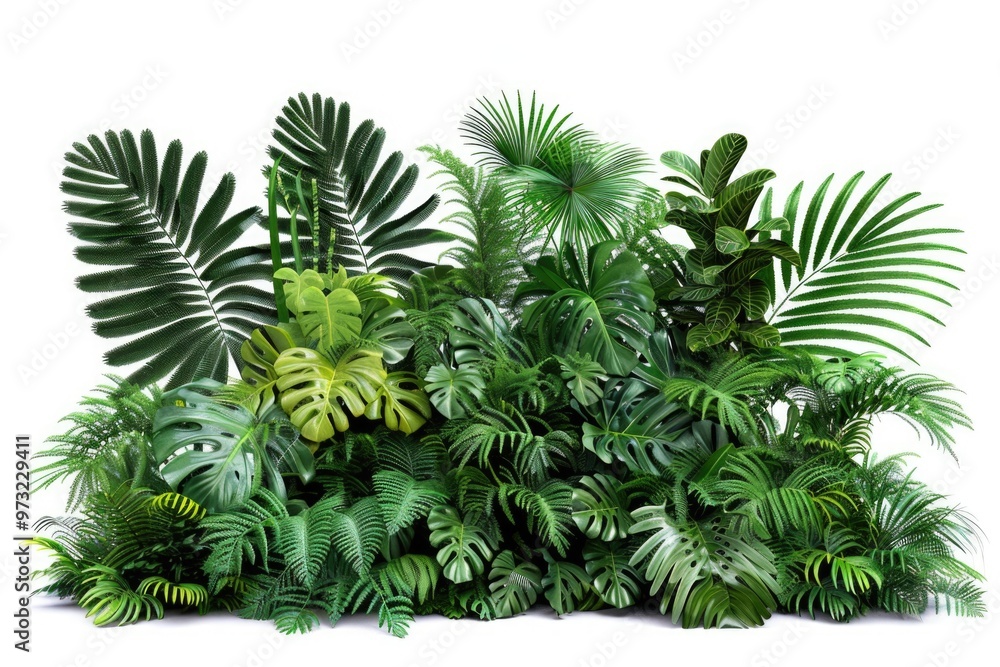 A collection of colorful tropical plants on a white background, perfect for use in travel or nature-themed designs A collection of colorful tropical plants on a white background, perfect for use in travel or nature-themed designs