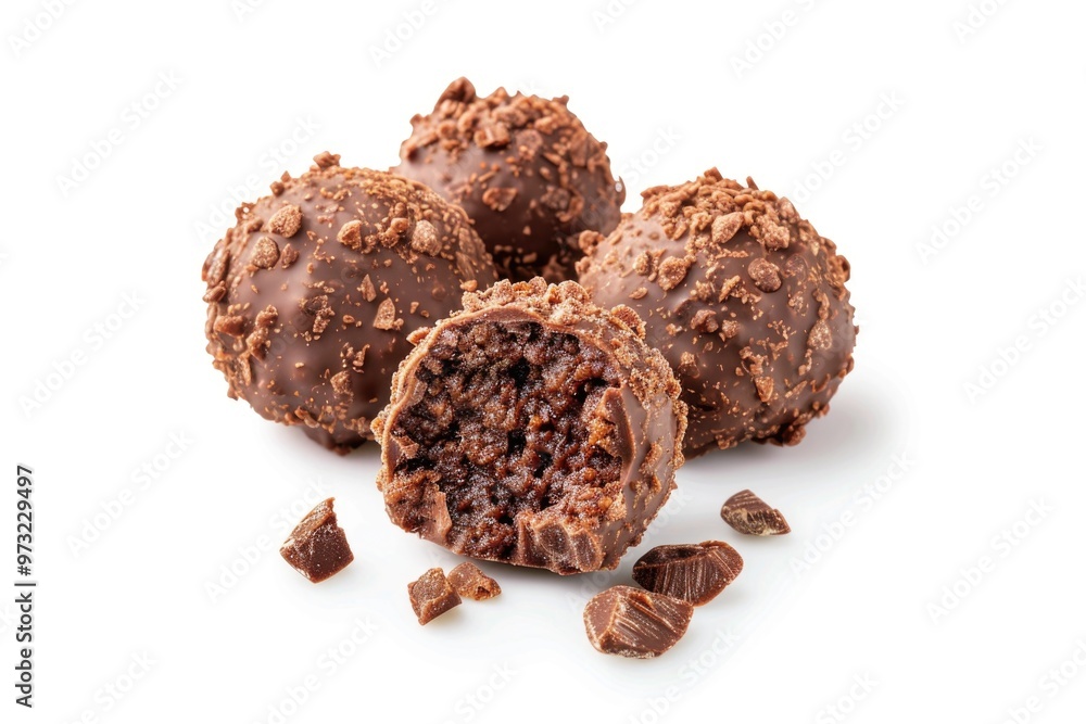Close-up shot of three delicious-looking chocolate balls on a white surface, perfect for food or dessert photography Close-up shot of three delicious-looking chocolate balls on a white surface, perfect for food or dessert photography