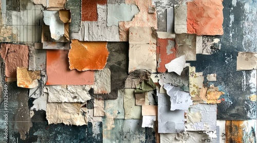 An artistic collage of various textures, like torn paper, fabric swatches, and brush strokes, layered to create a tactile and multi-dimensional piece photo