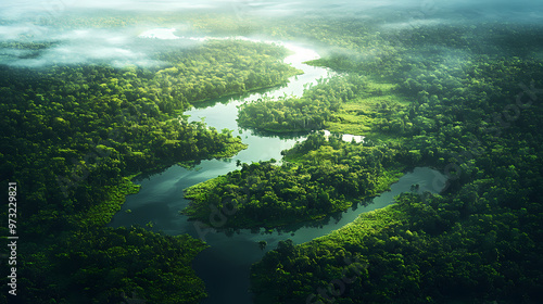 Aerial view of the amazon rainforest, showcasing the lush green environment and waterways in a tropical landscape. Amazon Rainforest. Illustration