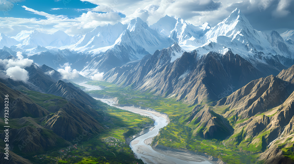 Fototapeta premium Aerial view of the indus river flowing through the snow-capped himalayan mountains in pakistan, with lush green valleys and surrounding rugged terrain. Himalayan Mountains. Illustration
