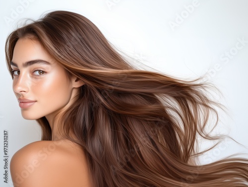 Elegant portrait of a woman with flowing brown hair for beauty and fashion concepts