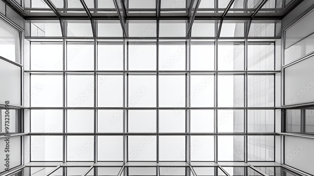 A geometric pattern of square windows in a modern building, creating a grid with reflections of the sky. A geometric pattern of square windows in a modern building, creating a grid with reflections of the sky.