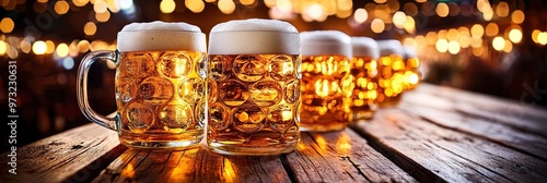 Beer mugs lined up on a wooden table in a lively Oktoberfest beer garden, with festive lights in the background