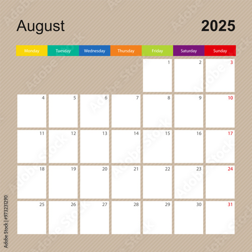 Calendar page for August 2025, wall planner with colorful design. Week starts on Monday.
