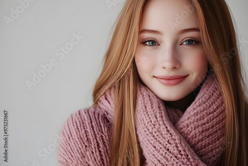 Close-up portrait of a beautiful young woman with long hair and a serene expression