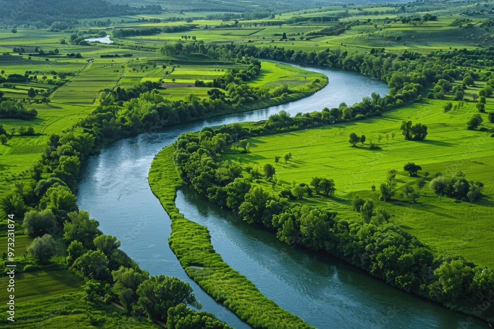 A serene scene of a river flowing through a lush green countryside, perfect for nature and travel-themed projects A serene scene of a river flowing through a lush green countryside, perfect for nature and travel-themed projects