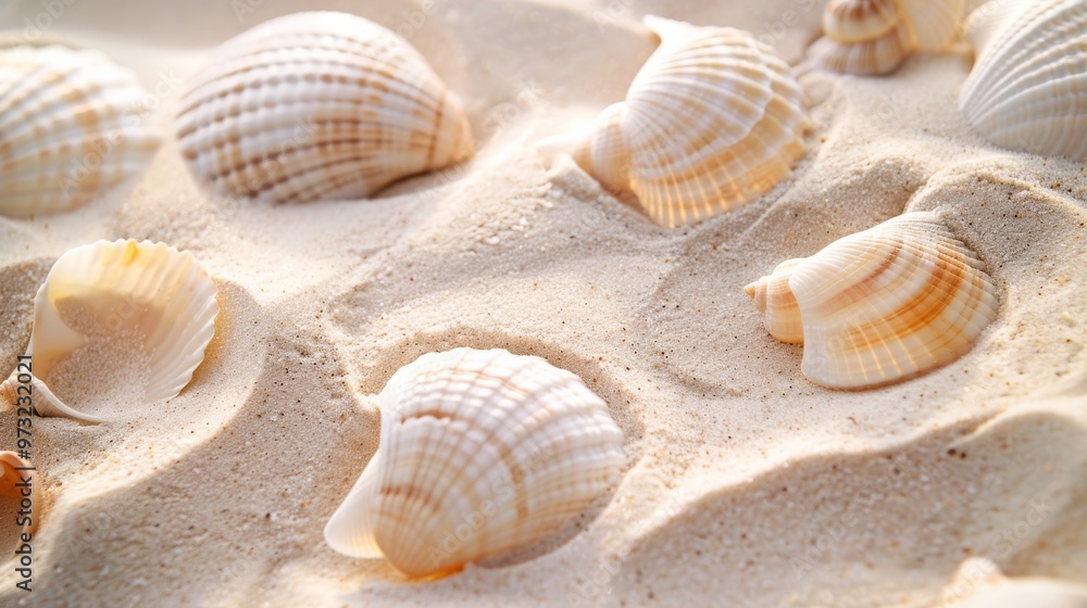 Array of seashells partially buried in soft, light-colored sand, with a focus on the unique surface details and gentle curves of each shell Array of seashells partially buried in soft, light-colored sand, with a focus on the unique surface details and gentle curves of each shell