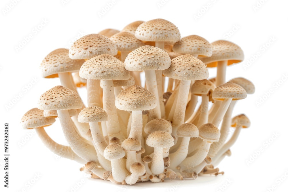 A cluster of mushrooms growing on a clean white surface, perfect for use in food or medical illustrations A cluster of mushrooms growing on a clean white surface, perfect for use in food or medical illustrations