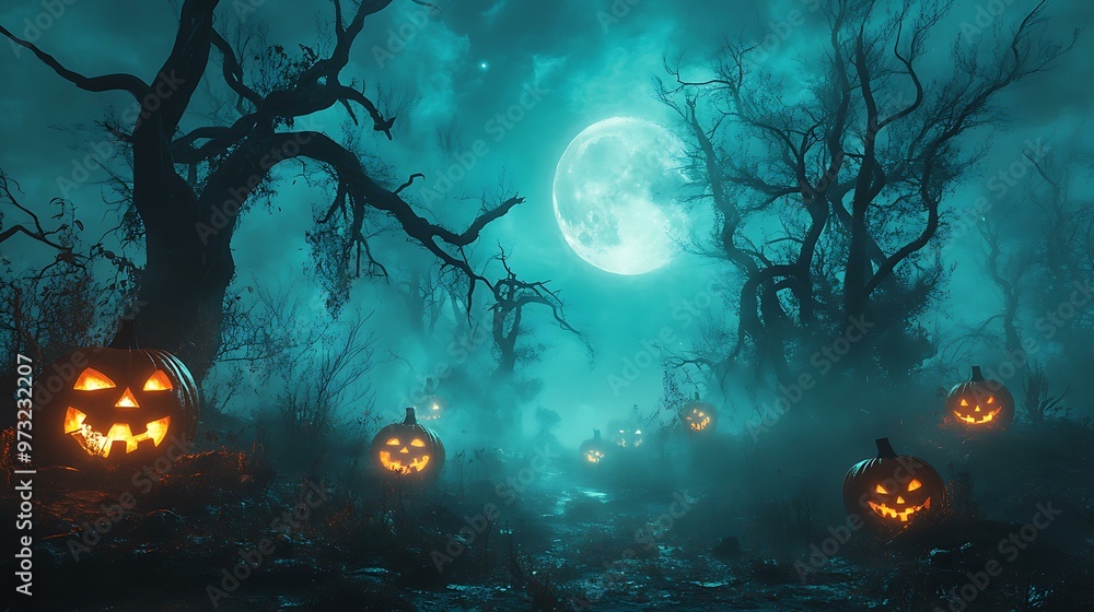 A dark, eerie forest with fog creeping along the ground, dead trees with twisted branches reaching out, and a full moon casting a pale glow in the night sky. Jack-o'-lanterns with glowing eyes A dark, eerie forest with fog creeping along the ground, dead trees with twisted branches reaching out, and a full moon casting a pale glow in the night sky. Jack-o'-lanterns with glowing eyes