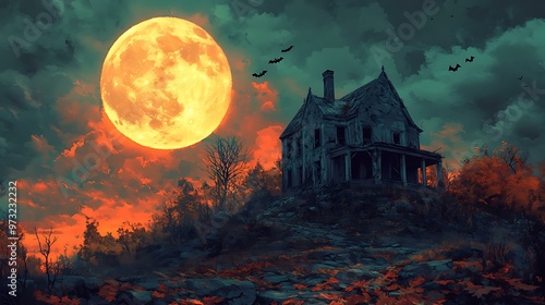 An old, abandoned haunted house on a hill with broken windows and cobwebs. Bats flying in the sky with a large, ominous full moon illuminating the scene. Fallen leaves and creepy shadows cover