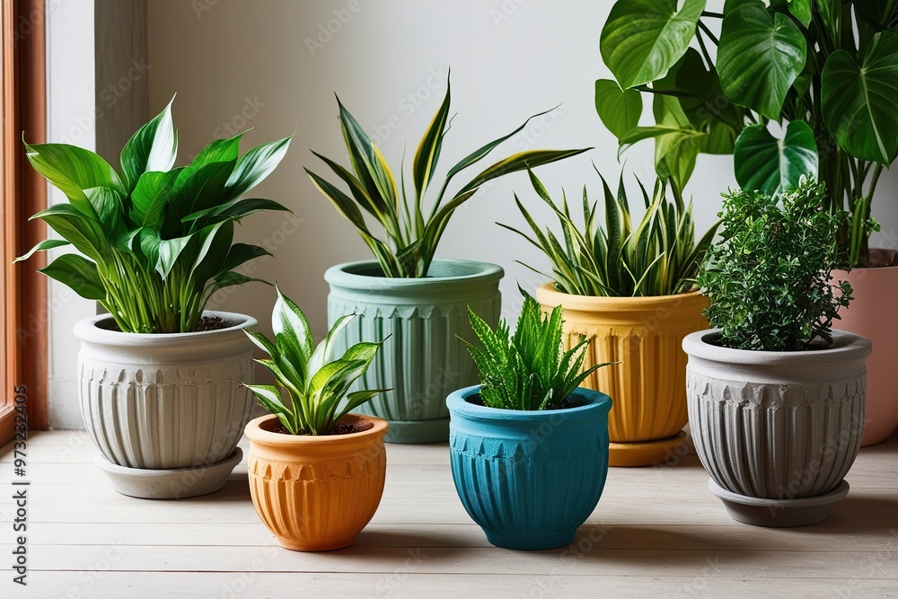 Fototapeta premium Ensemble of Colorful Indoor Plants in Decorative Cement Pots for a Cheerful Ambiance