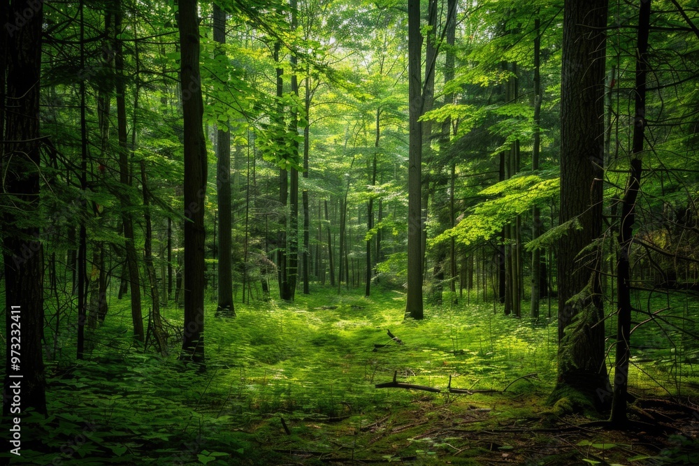 Obraz premium A dense forest with numerous green trees, ideal for nature and outdoor themes