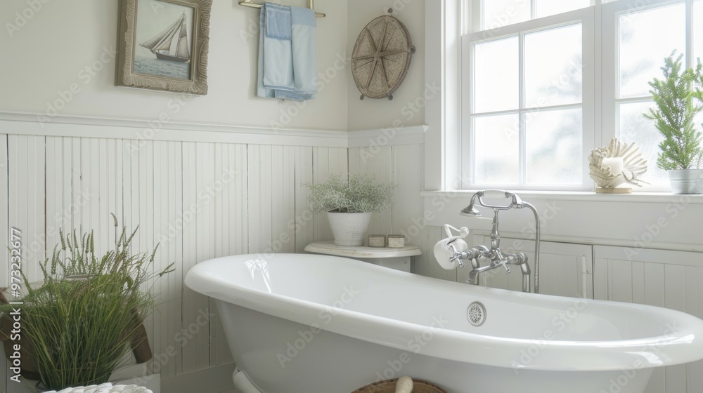 Fototapeta premium Serene Coastal Style Bathroom Interior with Freestanding Tub