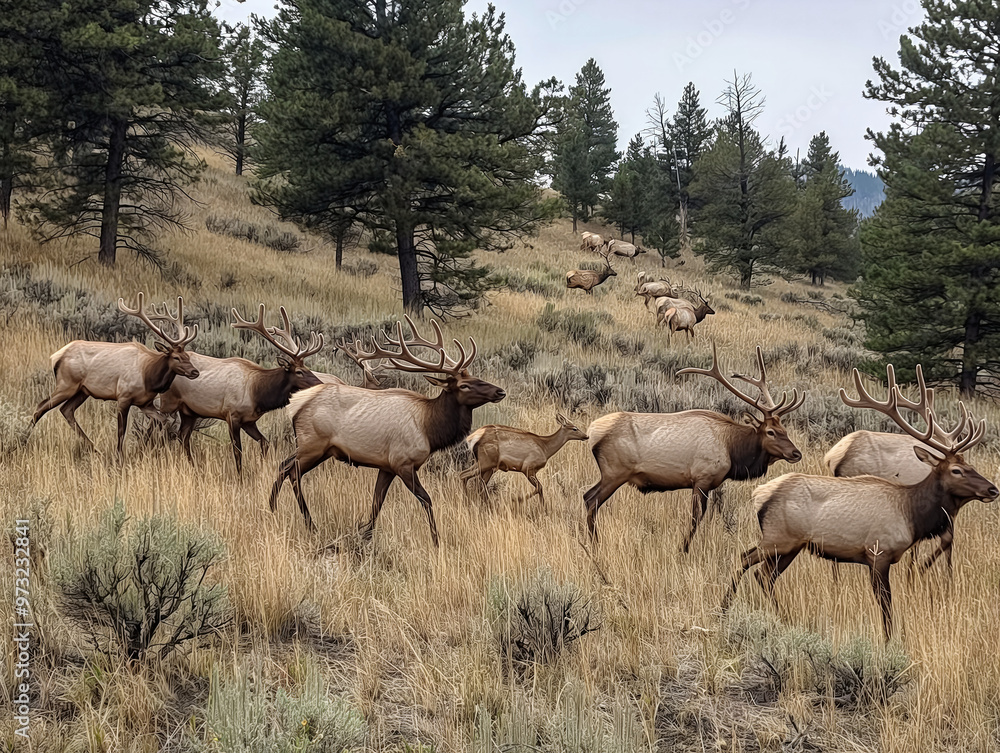 A herd of deer are running through a grassy field. The deer are brown and white in color