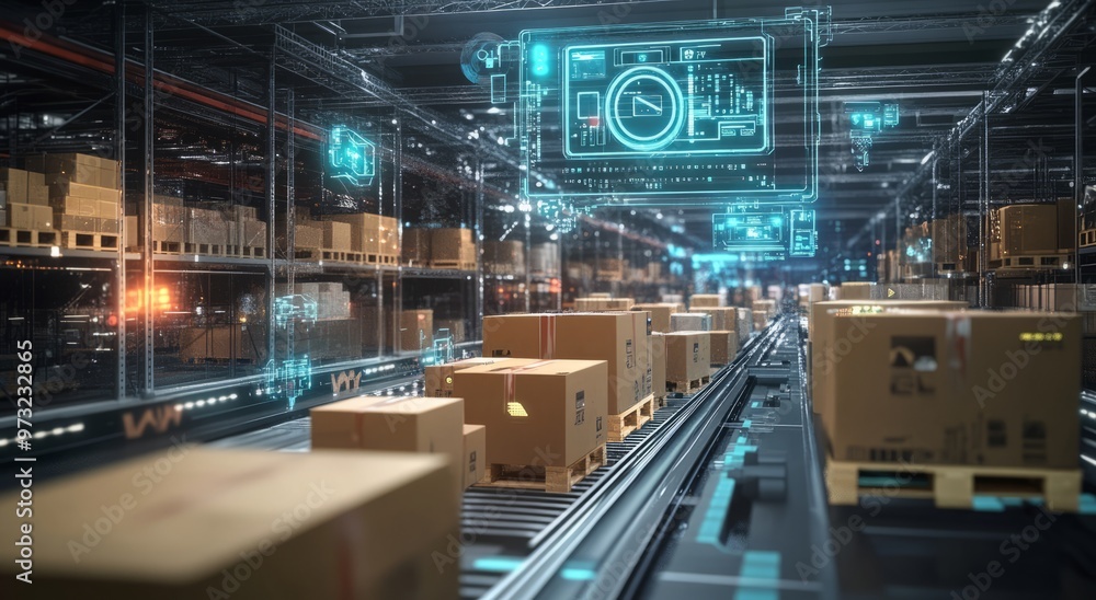 Smart warehouse management system using augmented reality technology to identify package picking and delivery . Future concept of supply chain and logistic business Smart warehouse management system using augmented reality technology to identify package picking and delivery . Future concept of supply chain and logistic business