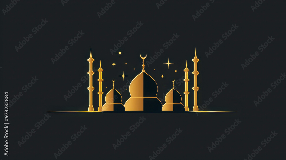 Golden Mosque Silhouette on Dark Background for Islamic Celebrations Golden Mosque Silhouette on Dark Background for Islamic Celebrations