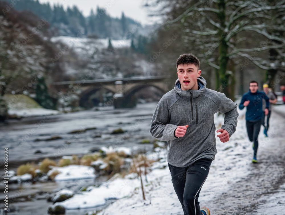 A man runs in the snow with a grey hoodie on. Another man is running behind him. The scene is set in a snowy landscape with a river in the background