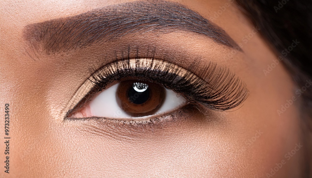 Fototapeta premium Close-Up of a Beautifully Defined Female Eye with Bold Eyebrows, Long Lashes, and Neutral Eyeshadow, Highlighting Smooth Skin Texture and Flawless Makeup Application