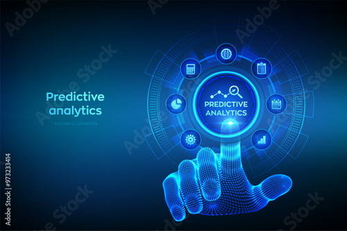 Predictive analytics. Big Data analysis. Business intelligence technology concept on virtual screen. Machine learning. AI. Wireframe hand touching digital interface. Vector illustration.